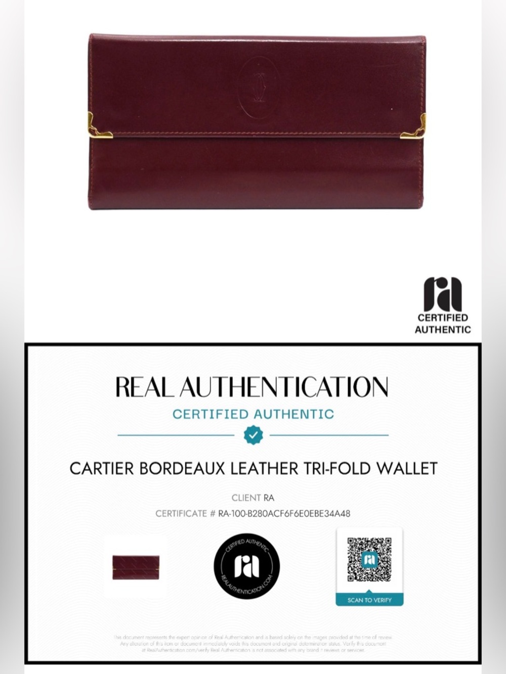 Cartier Bordeaux Leather Clutch Wallet with Gold Corners
